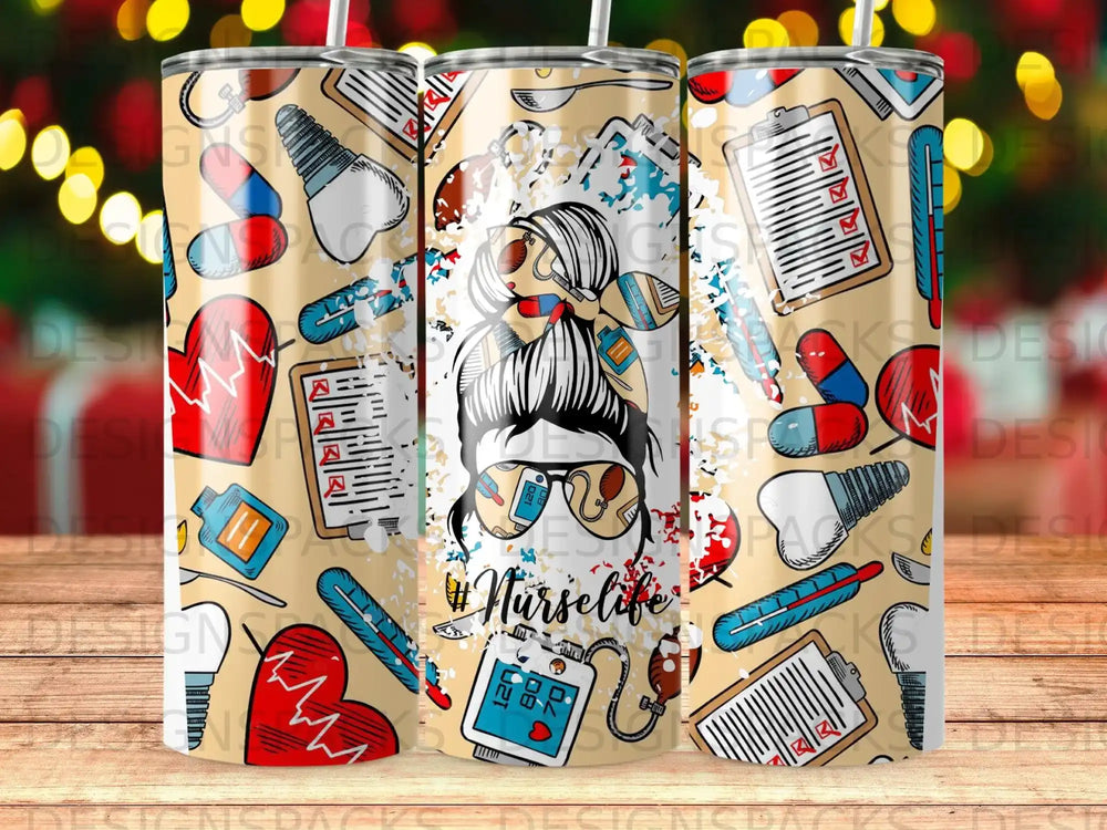 Nurse life tumbler with medical icons and cartoon nurse illustration.