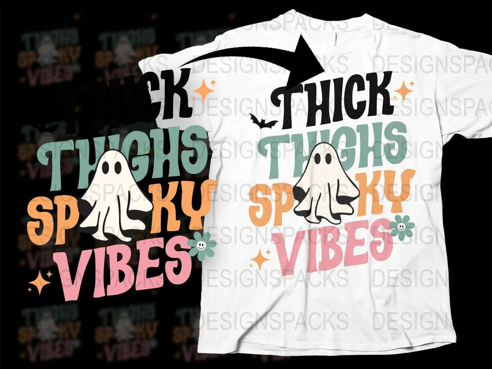 Thick Thighs Spooky Vibes T-Shirt, Halloween Ghost Graphic Tee, Cute Autumn Top