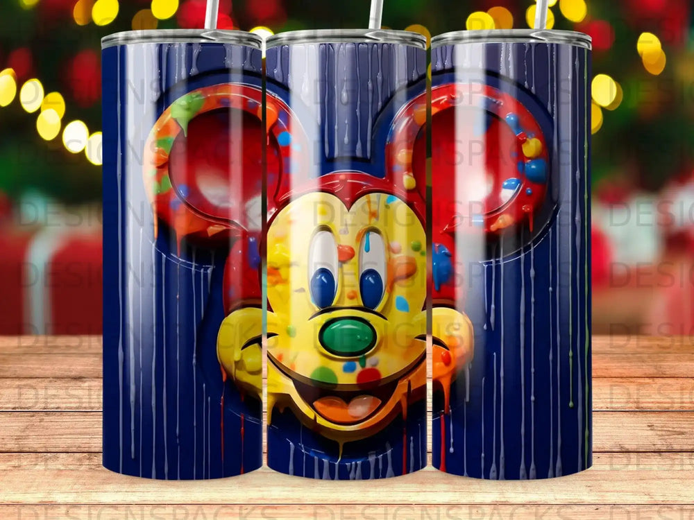 Mickey Mouse face with colorful paint drips on a dark blue background.