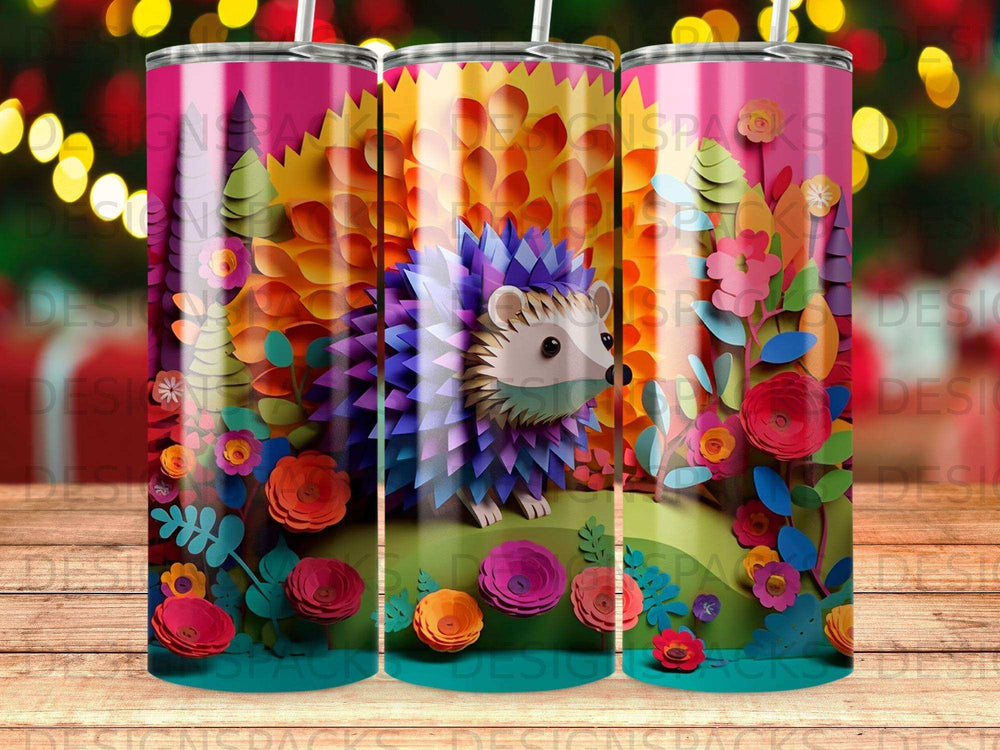 Hedgehog with colorful flowers and leaves on a patterned background.