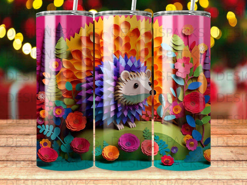 Hedgehog with colorful flowers and leaves on a patterned background.