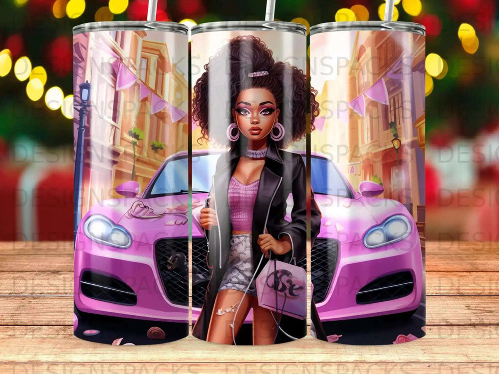 Woman holding handbag in front of pink car, stylized illustration.