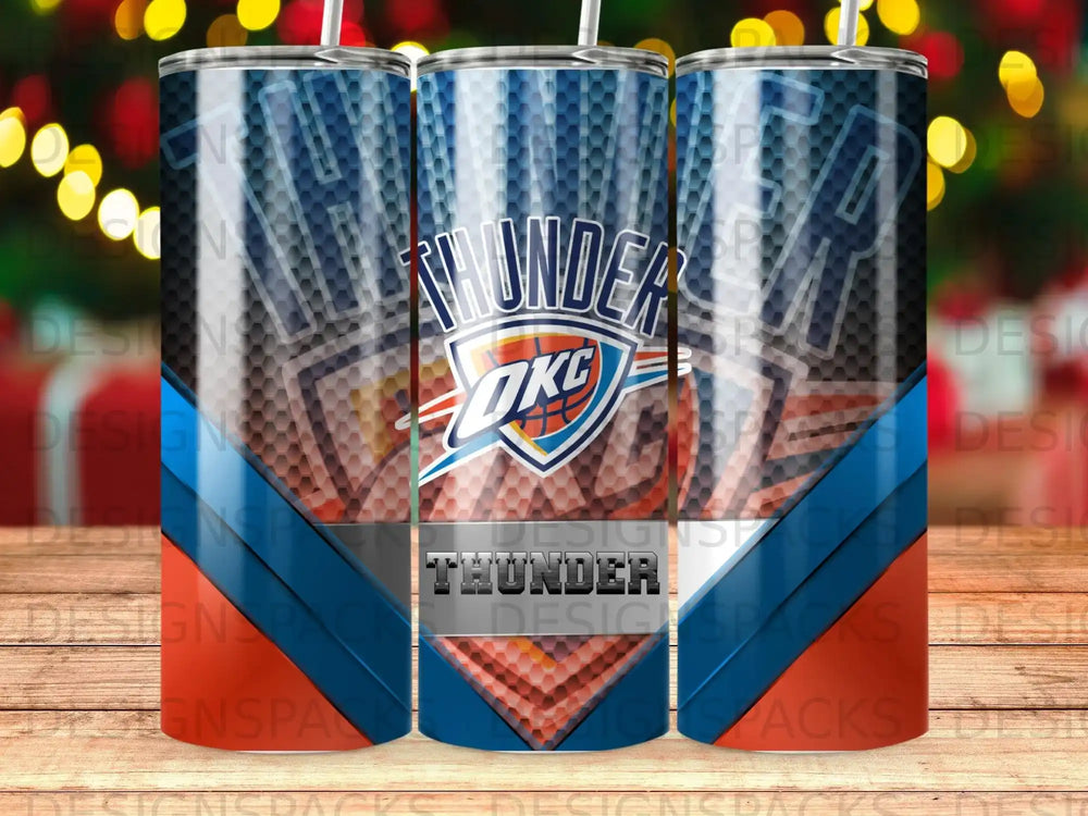 Oklahoma City Thunder logo on a blue and orange tumbler with a geometric background.