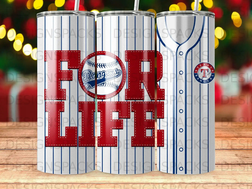Texas Rangers "FOR LIFE" tumbler with baseball team logo.