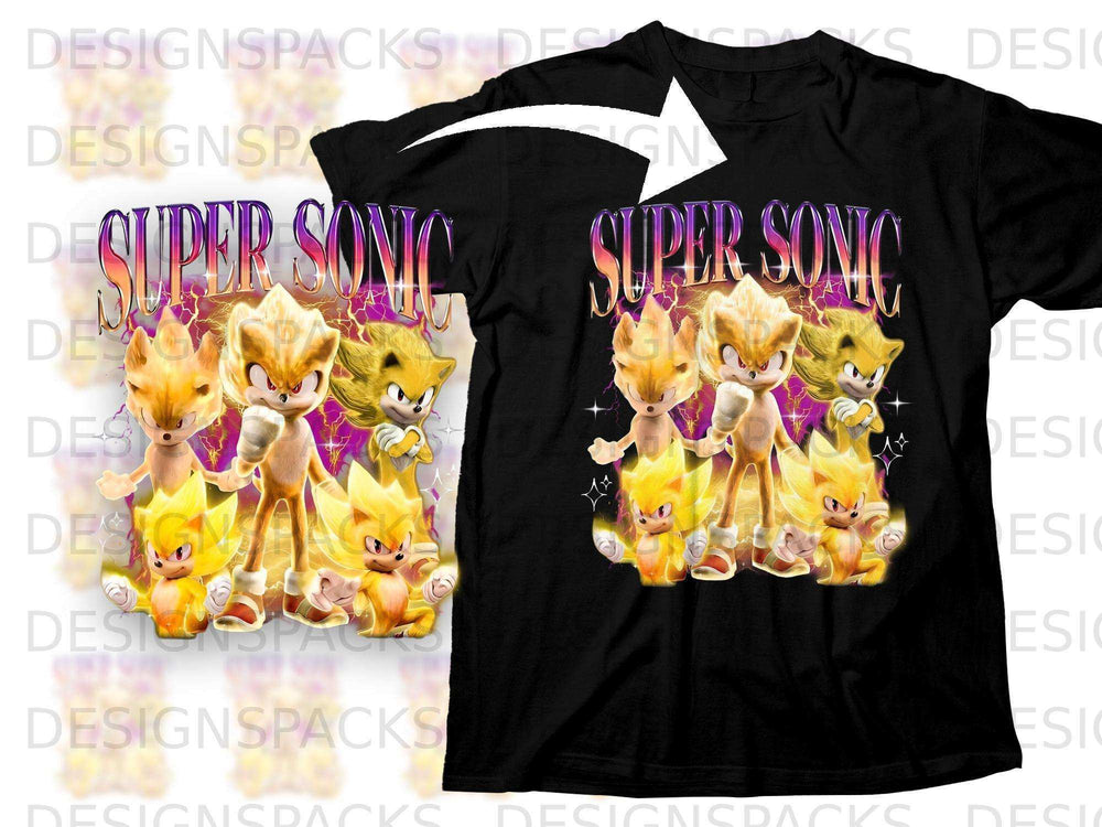Black t-shirt with Super Sonic characters in yellow and gold.