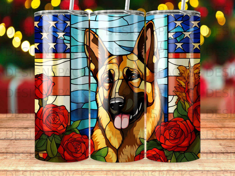 German Shepherd portrait with American flag stained glass and roses.