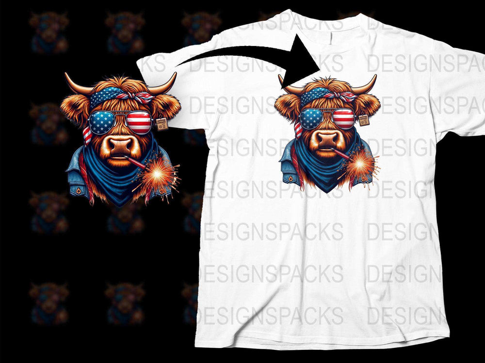 Patriotic Buffalo Graphic T-Shirt, American Flag Sunglasses, Fireworks Design, Cool Animal Tee