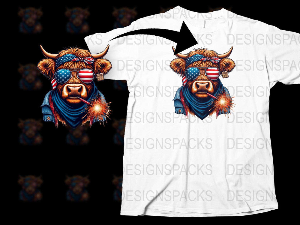 Patriotic Buffalo Graphic T-Shirt, American Flag Sunglasses, Fireworks Design, Cool Animal Tee