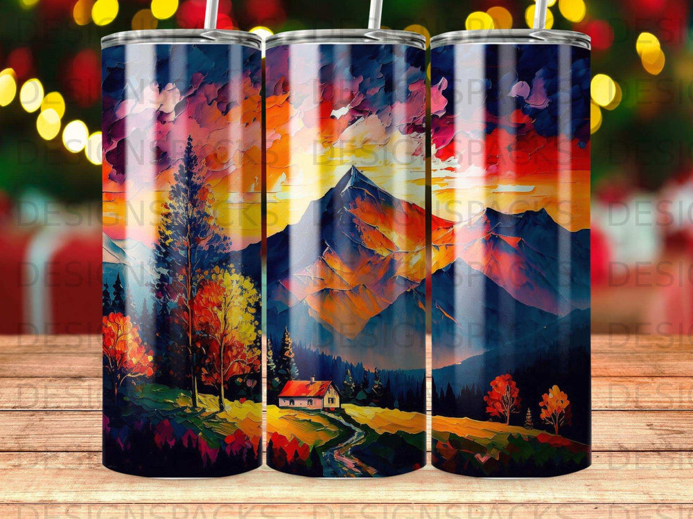 Vibrant mountain landscape with colorful trees and a small house.