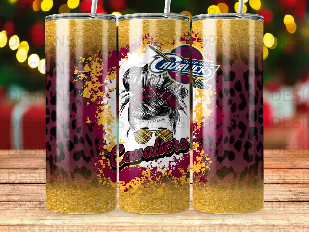 Cleveland Cavaliers tumbler with leopard print and glitter accents.