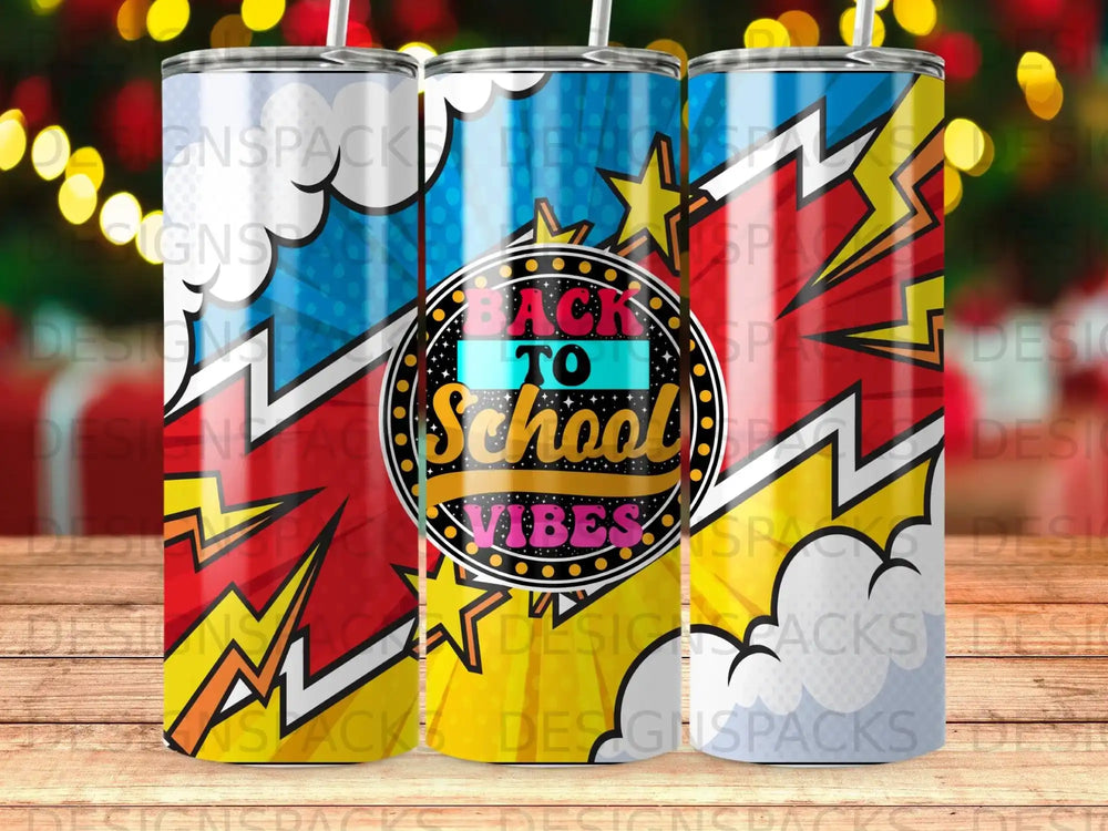 Three "Back to School" tumblers with comic book style designs.