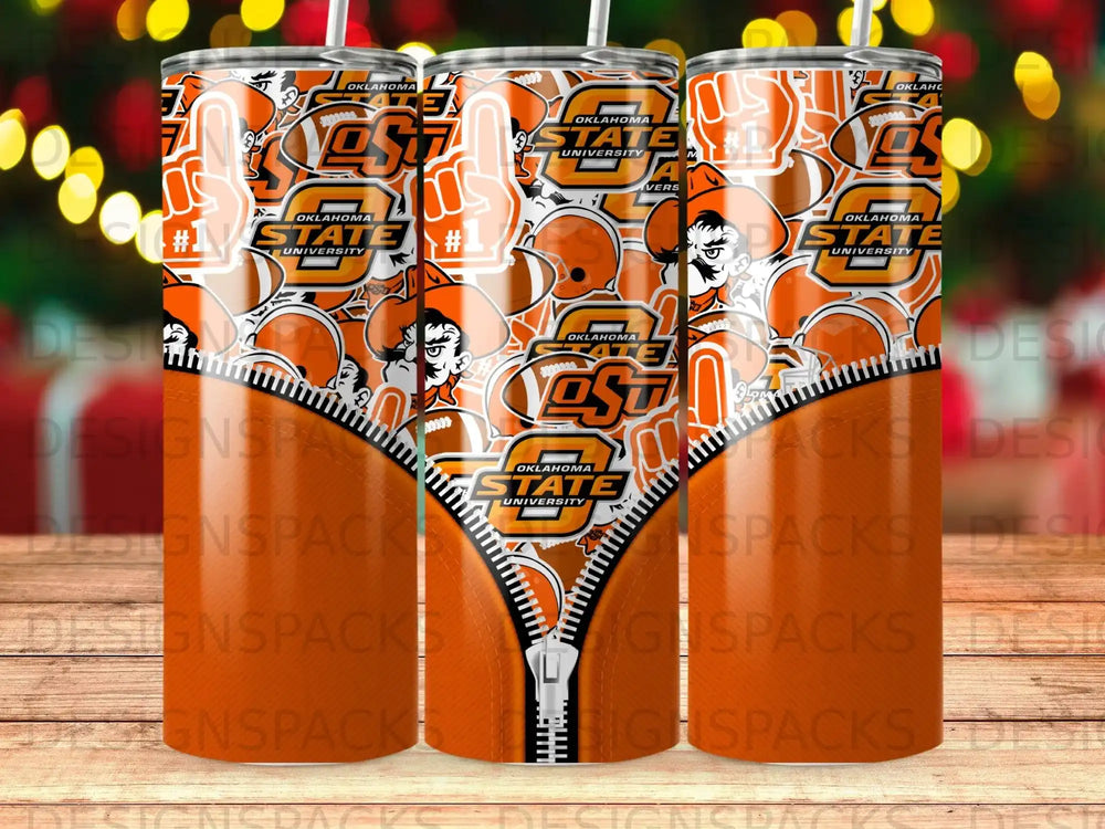 Oklahoma State University Cowboys orange and white zipper pattern tumbler.