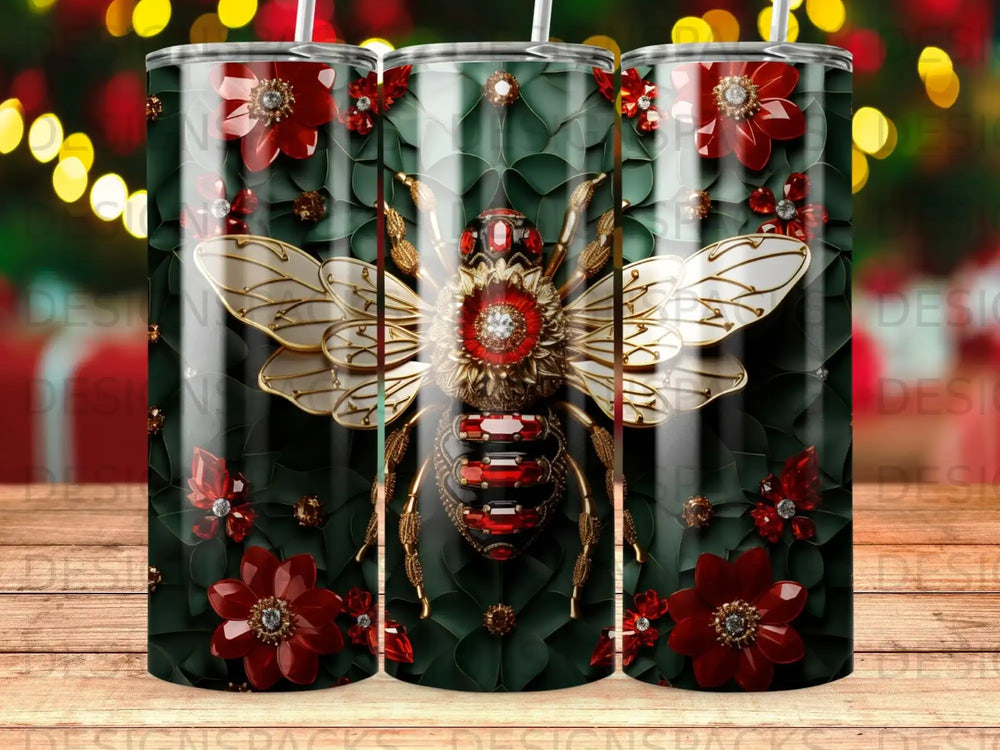 Gold and red bee with floral accents on dark green textured background.