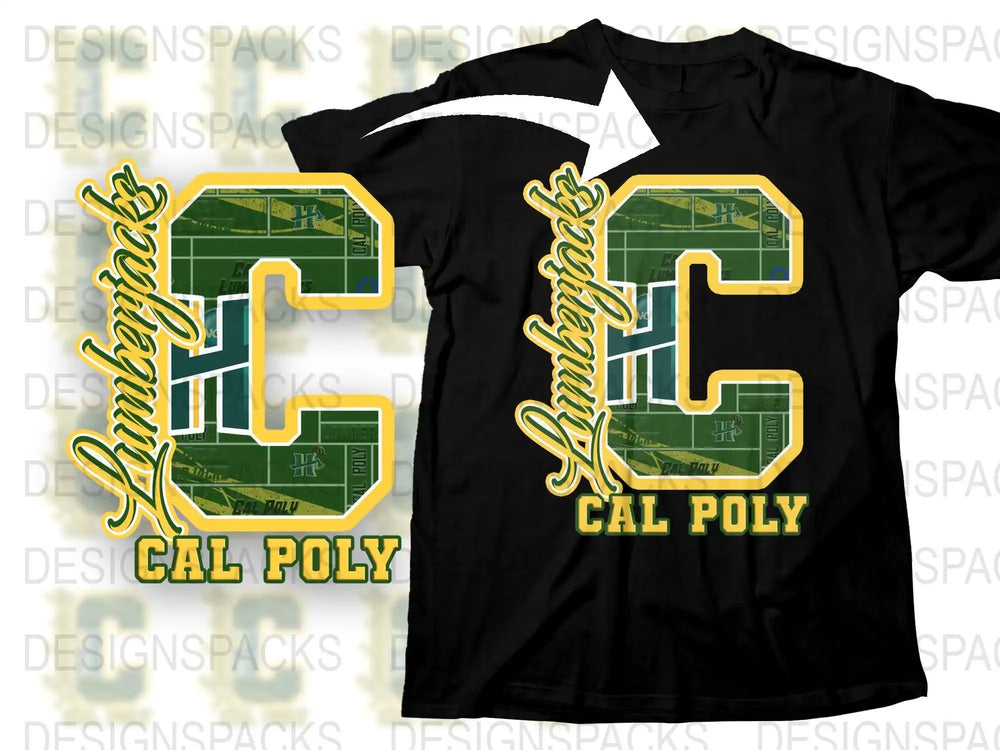 Cal Poly Lumberjacks Varsity Letter Print T-Shirt, Green and Yellow Graphic Tee, College Apparel