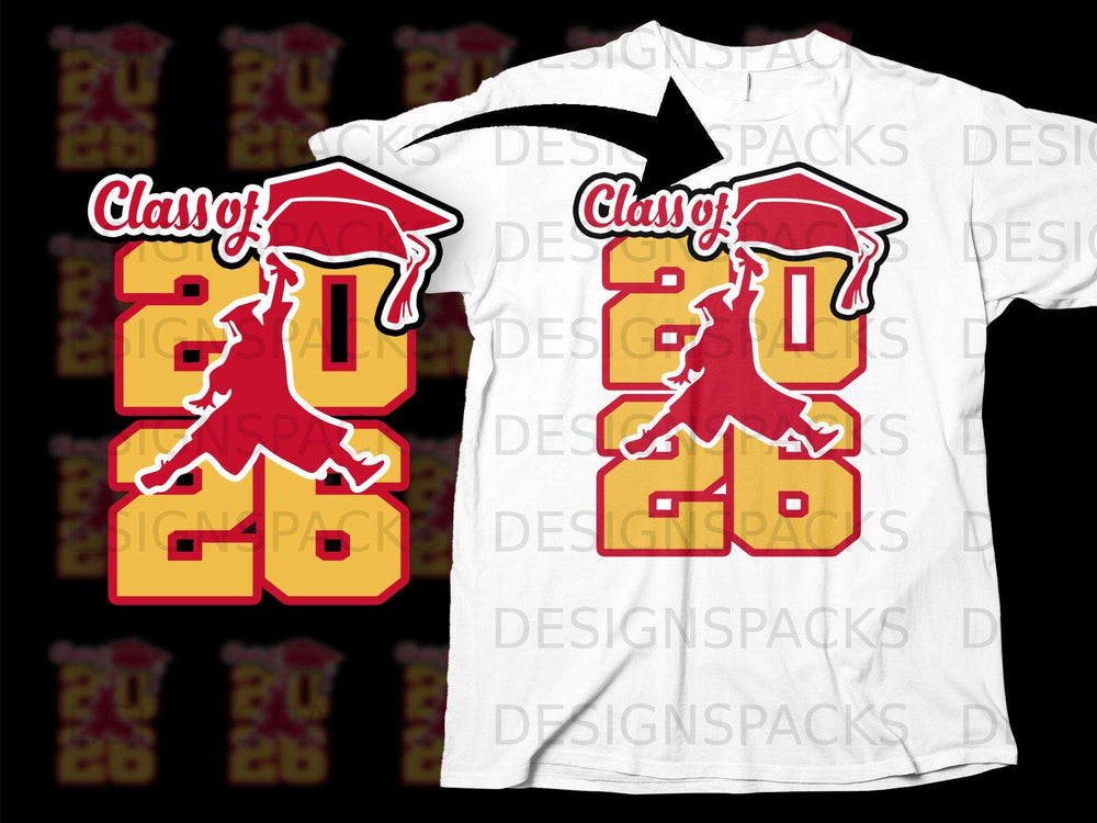 "Class of 2026" design with graduation cap and silhouette figure.