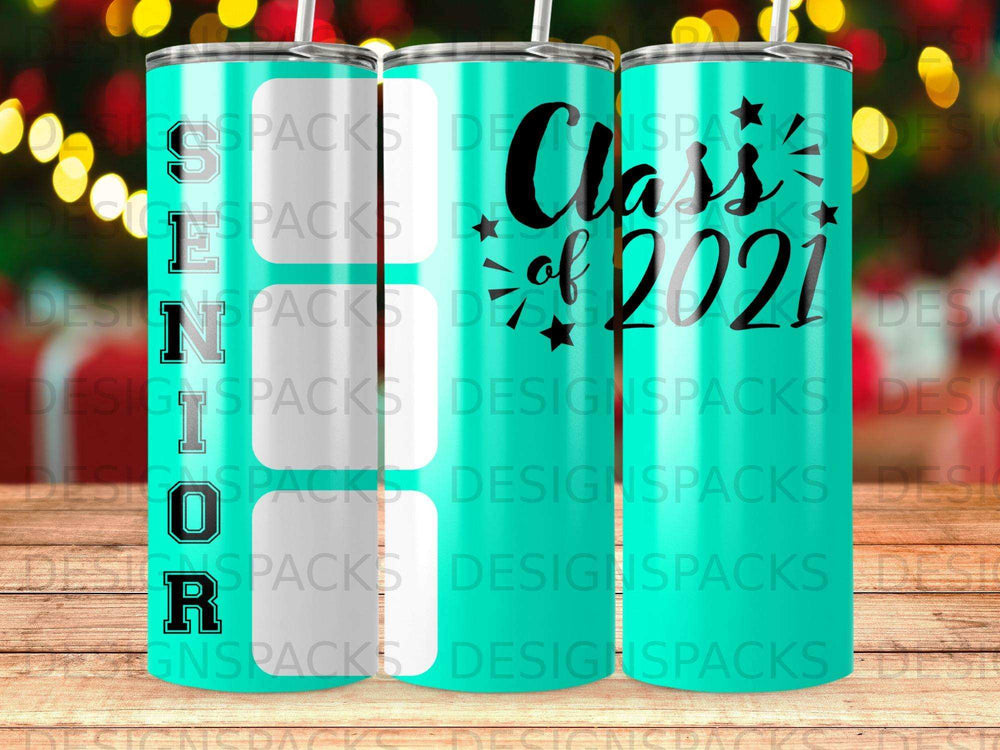 Turquoise tumbler with "Class of 2021" design and "DESIGNSPACKS" watermark.