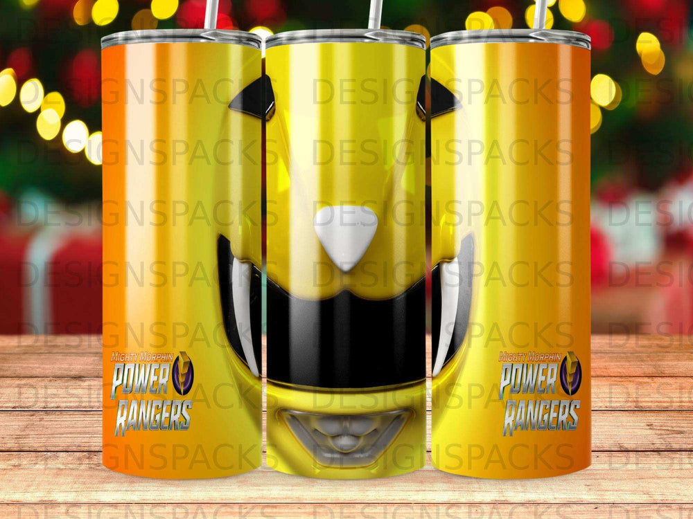 Yellow Mighty Morphin Power Rangers tumbler with logo.