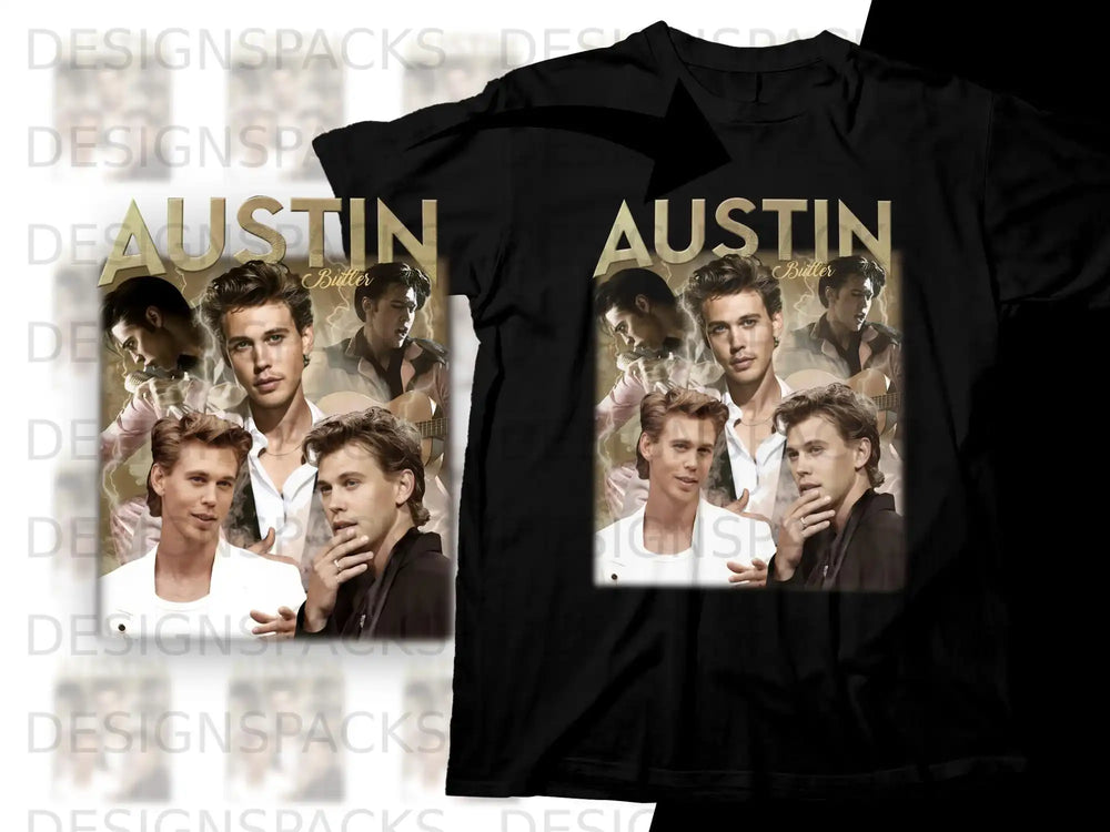 Austin Butler collage with gold "Austin Butler" text on black t-shirt.