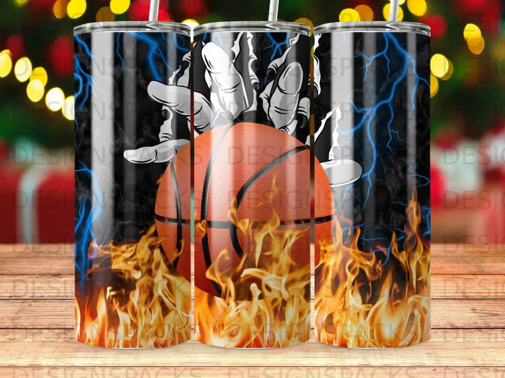 Basketball with flames and lightning bolts on a dark background.