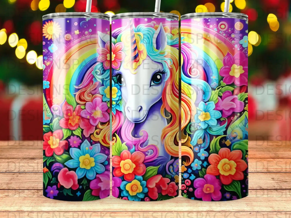 Rainbow unicorn with colorful floral mane and rainbow background.