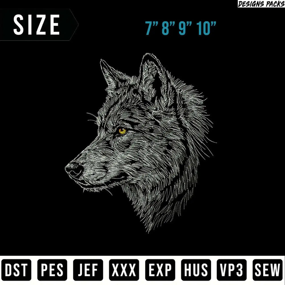 Black and white wolf head embroidery design with file format options.