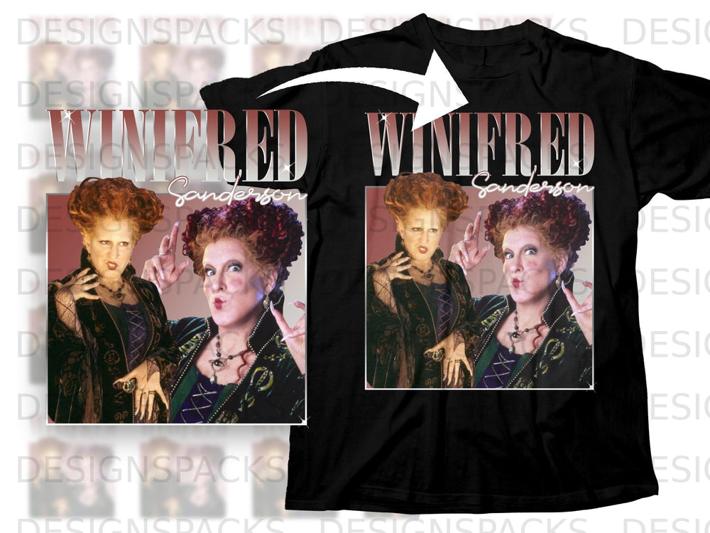 Black t-shirt featuring Winifred Sanderson and text "WINIFRED Sanderson".