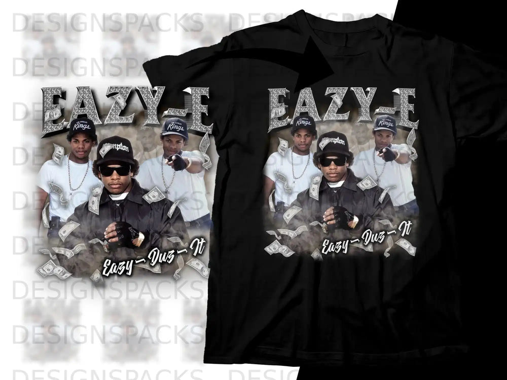 Eazy-E in sunglasses and cap, surrounded by money, wearing a t-shirt with "Eazy-Duz-It".