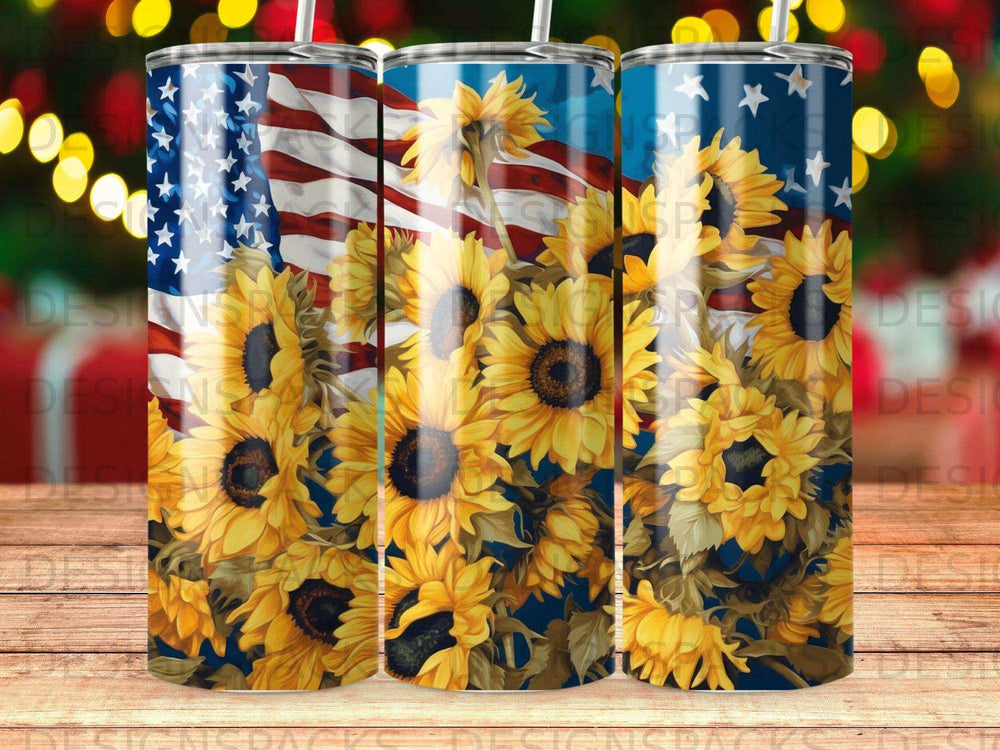 USA flag and sunflowers tumbler wrap design.