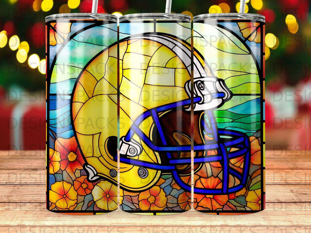 Stained glass design of a football helmet with floral accents.