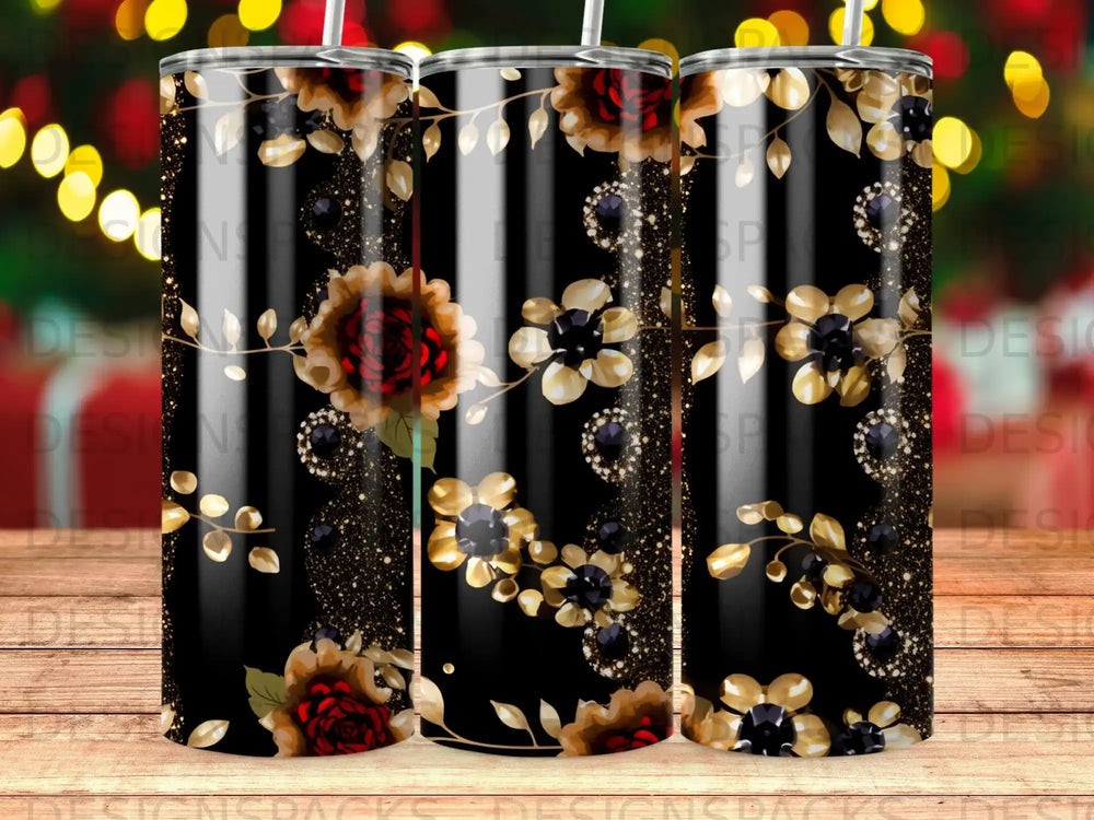 Black tumbler with gold floral and jewel accents.