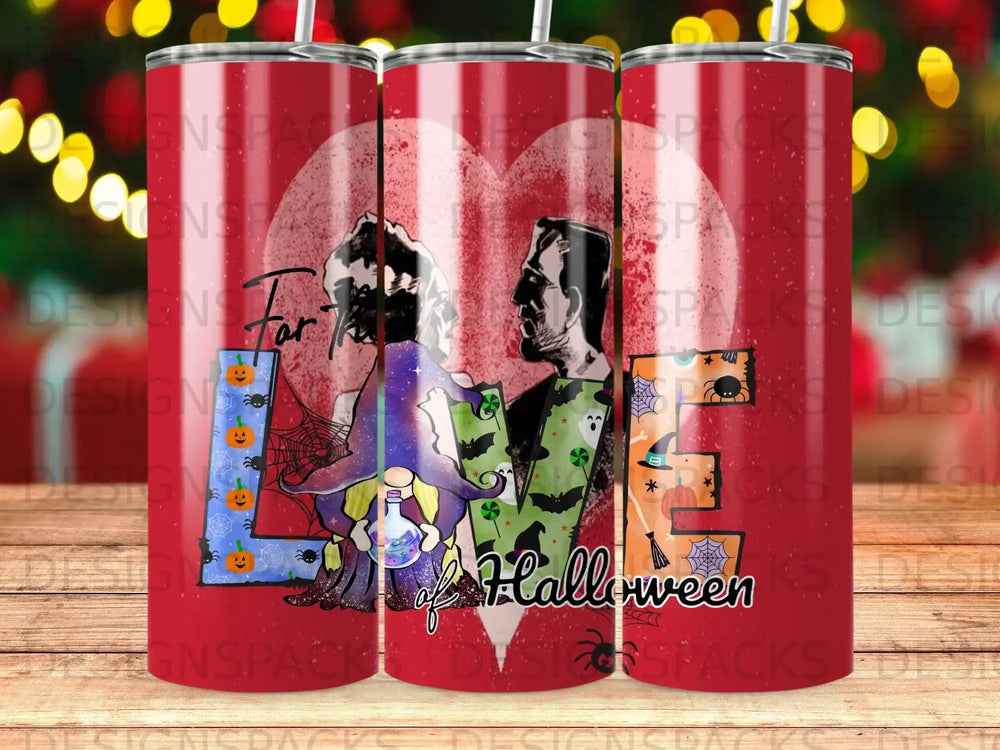 Tumbler wrap with Frankenstein and bride figures forming a heart, "Love Halloween" text.