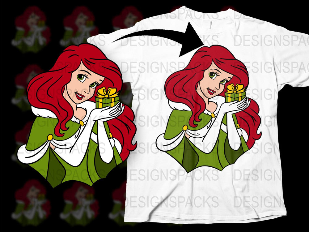 Princess Inspired T-Shirt, Red Hair Cartoon Character, Floral Design, Girls Tee