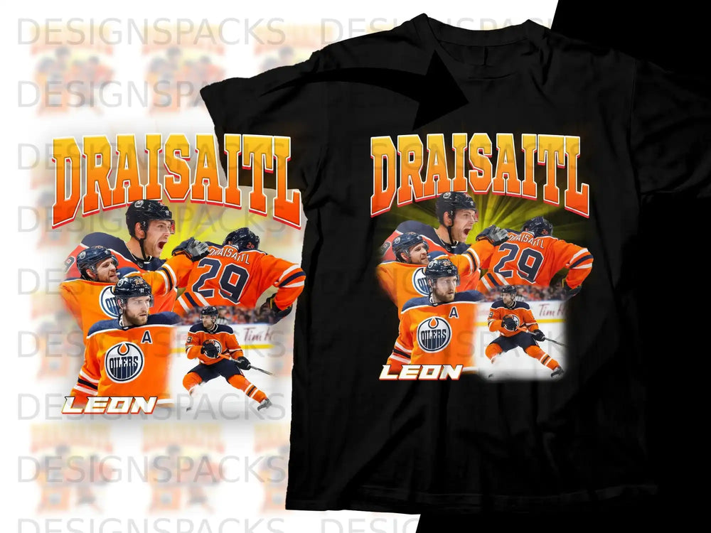T-shirt featuring Leon Draisaitl of the Oilers in action.