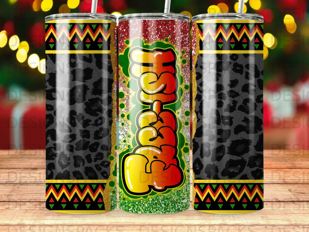 Tumbler with leopard print, geometric borders, and graffiti-style "Hustle" text.