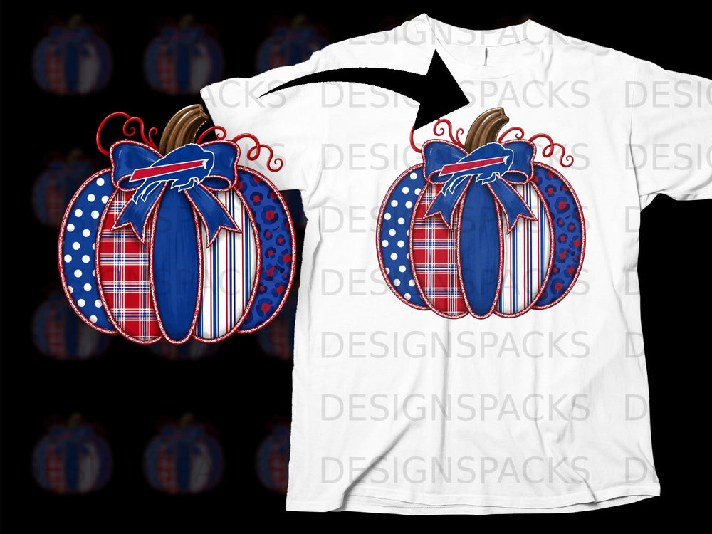 Pumpkin design with blue ribbon and Buffalo Bills logo on white t-shirt.