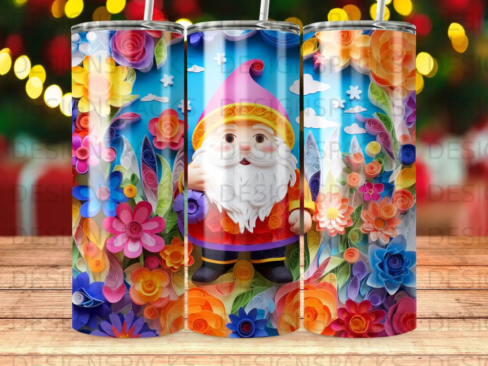 Gnome wearing pink hat and red jacket surrounded by colorful paper flowers.
