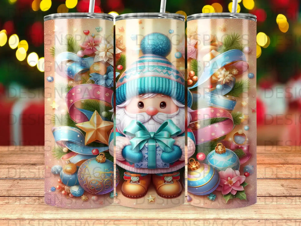 Santa Claus holding a gift, surrounded by Christmas ornaments and ribbons.