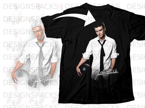 Black t-shirt with Justin Timberlake graphic and signature.