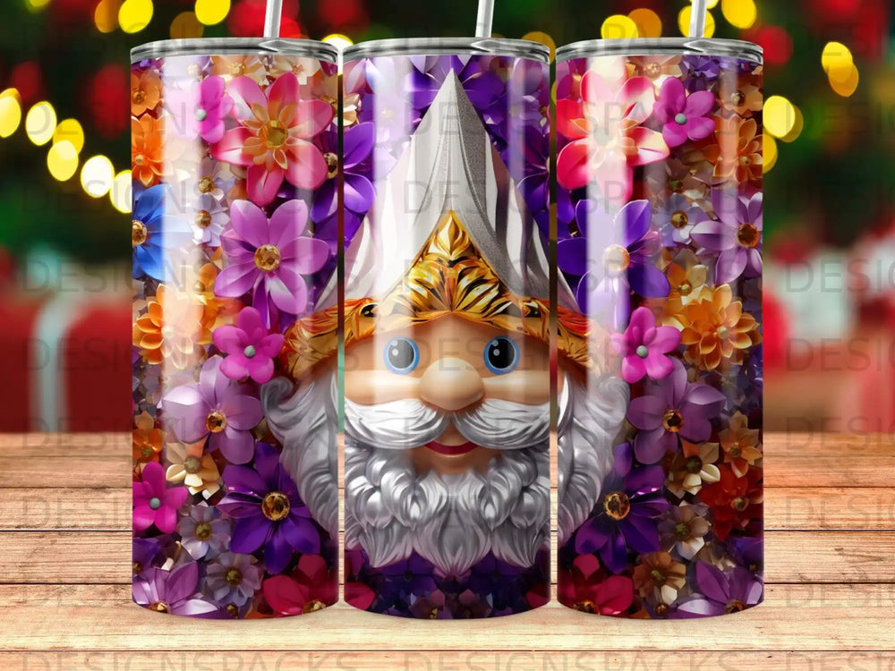 Gnome with purple and orange flowers on a patterned background.