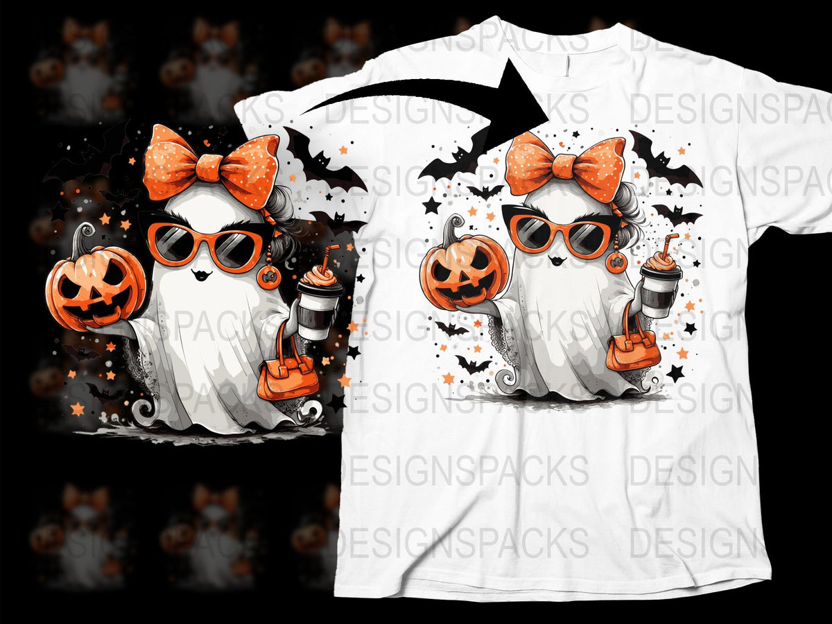 Halloween Ghost T-Shirt, Cute Pumpkin and Bow, Spooky Autumn Graphics, Kids and Adults Sizes, Holiday Tee