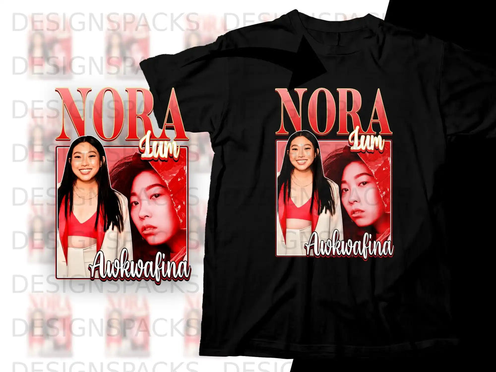 Black t-shirt with "Nora Lum Awkwafina" and images of Awkwafina.