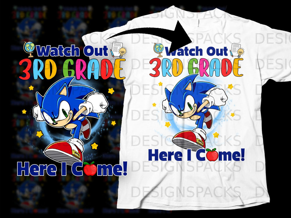Sonic the Hedgehog runs with "Watch Out 3rd Grade Here I Come!" text.