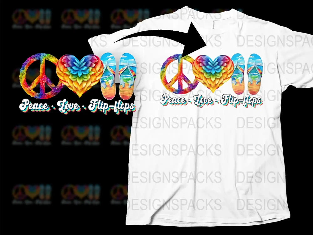 Colorful Peace Love Flip-Flop T-Shirt, Summer Beach Graphic Tee, Vibrant Festival Clothing