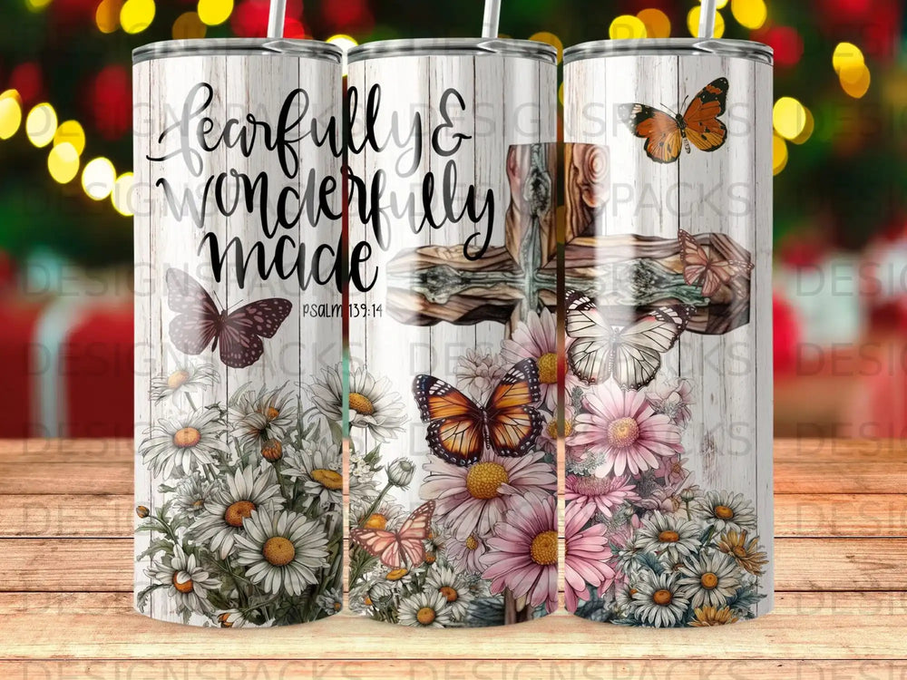 Tumbler with floral and butterfly design, featuring text "wonderfully made Psalm 139:14".