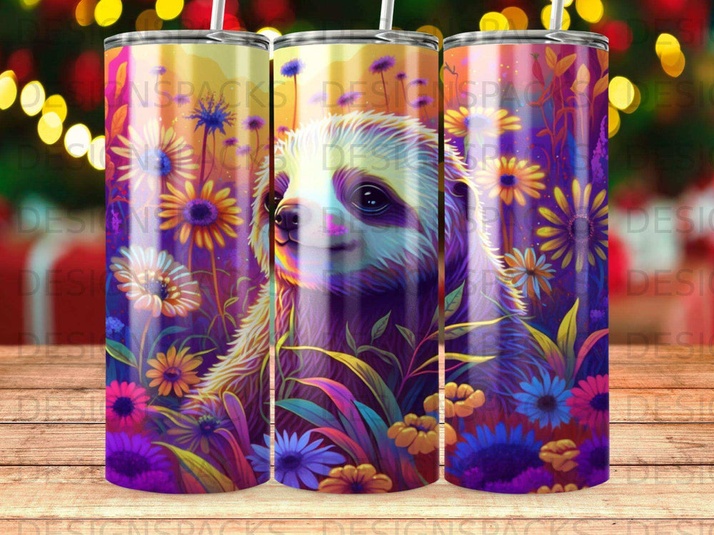 Sloth in colorful floral meadow with bokeh lights background.