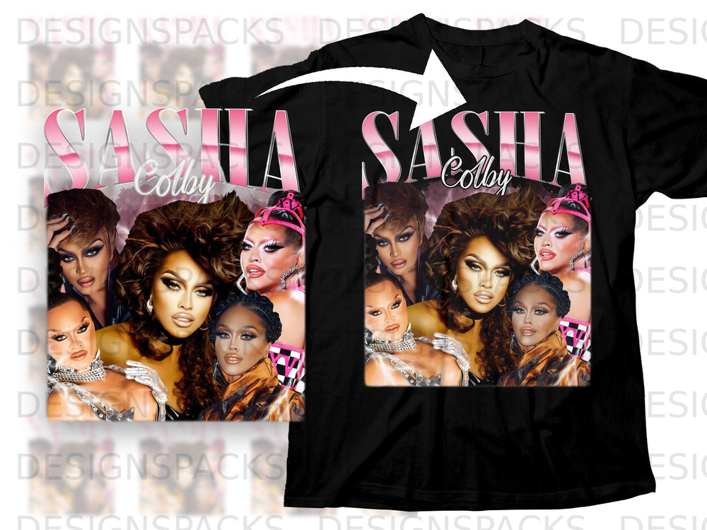 Black t-shirt graphic with "SASHA Colby" text and drag queen portraits.