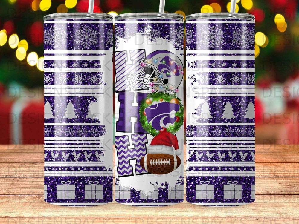 Purple glitter and snowflake tumbler wrap with Kansas City Chiefs football and holiday elements.