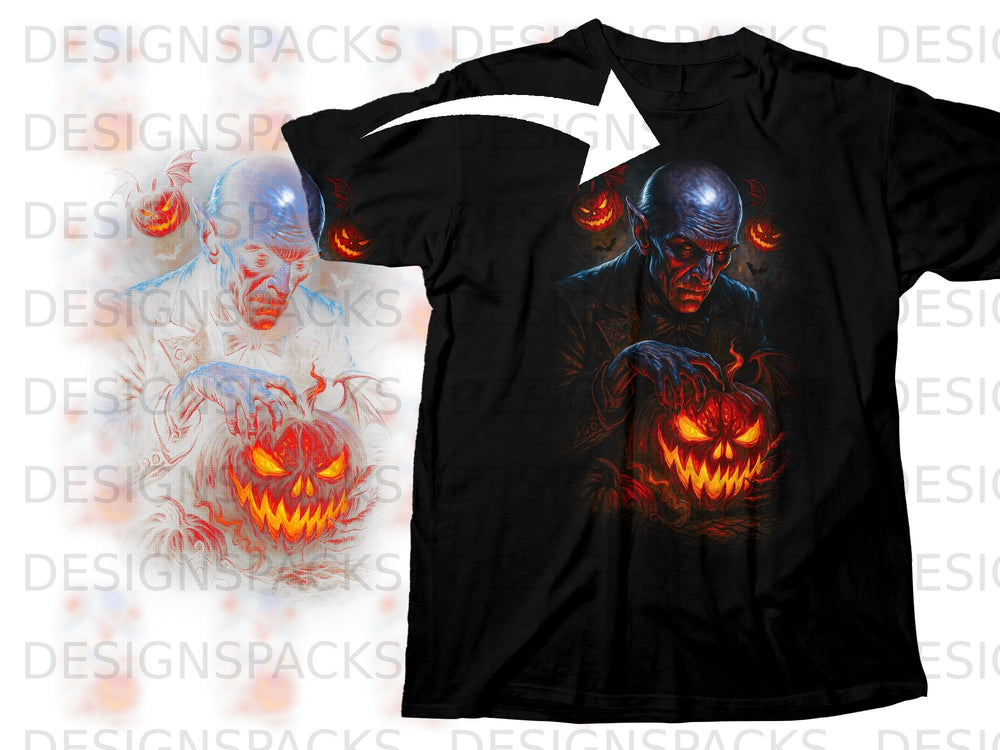 Black t-shirt featuring a vampire holding a glowing jack-o'-lantern with bat wings.