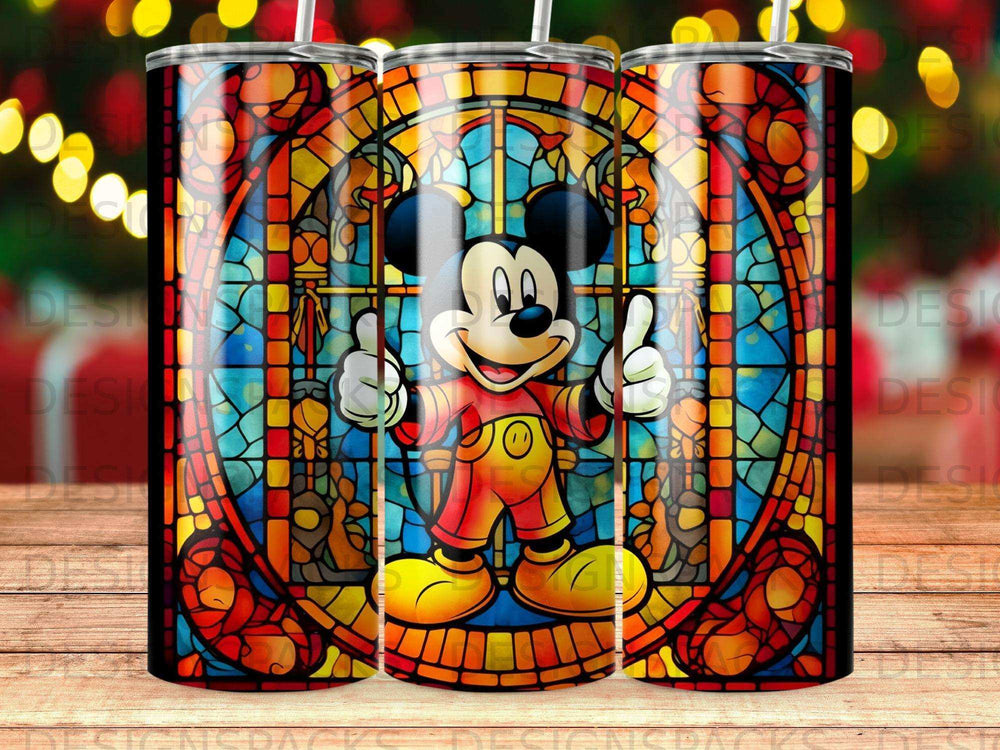 Mickey Mouse giving a thumbs up in front of a stained glass window.