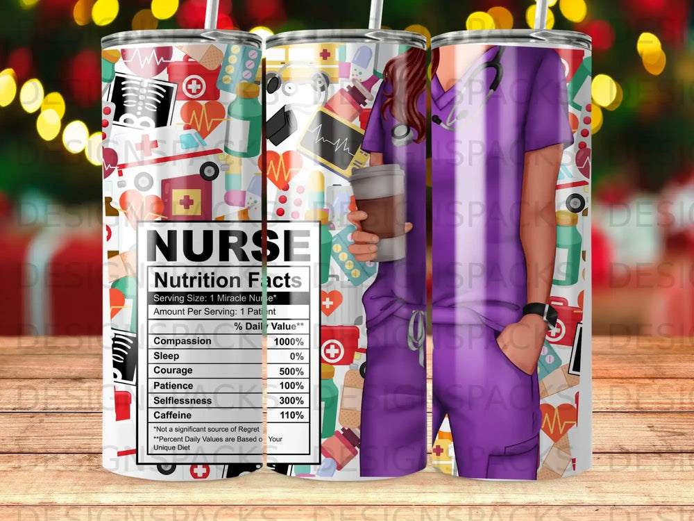 Nurse nutrition facts label with medical icons and coffee cup.